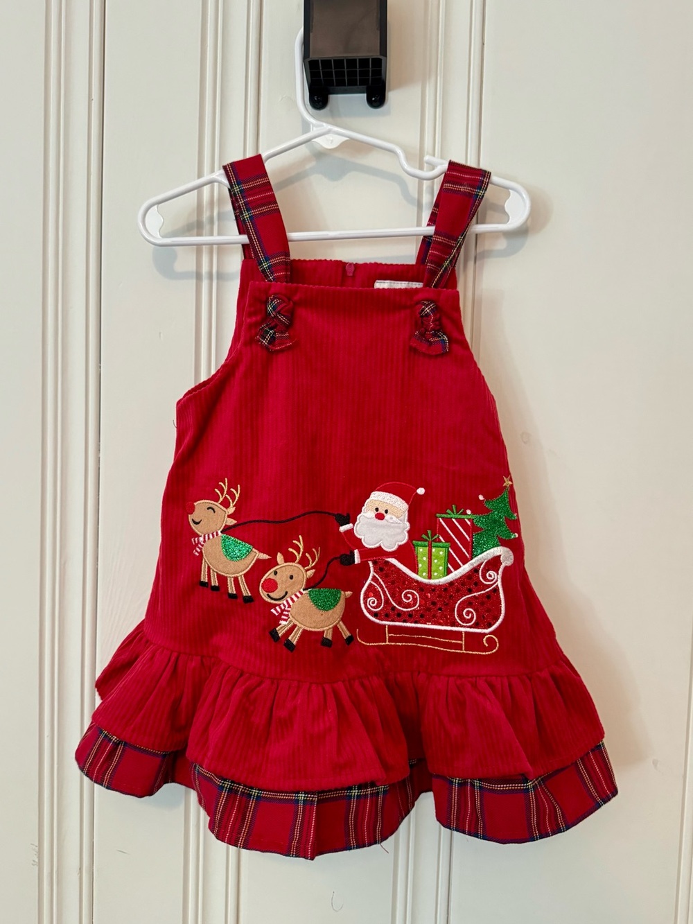Rare Editions Red Corduroy Girls' Holiday Romper with Santa & Reindeer